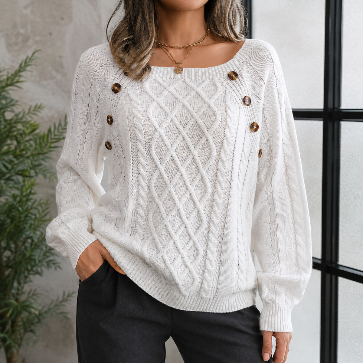 Knitted Women's Turtleneck Sweater with Cable Pattern and Shoulder Buttons, Warm Winter Sweater for Cold Days | Sansoti