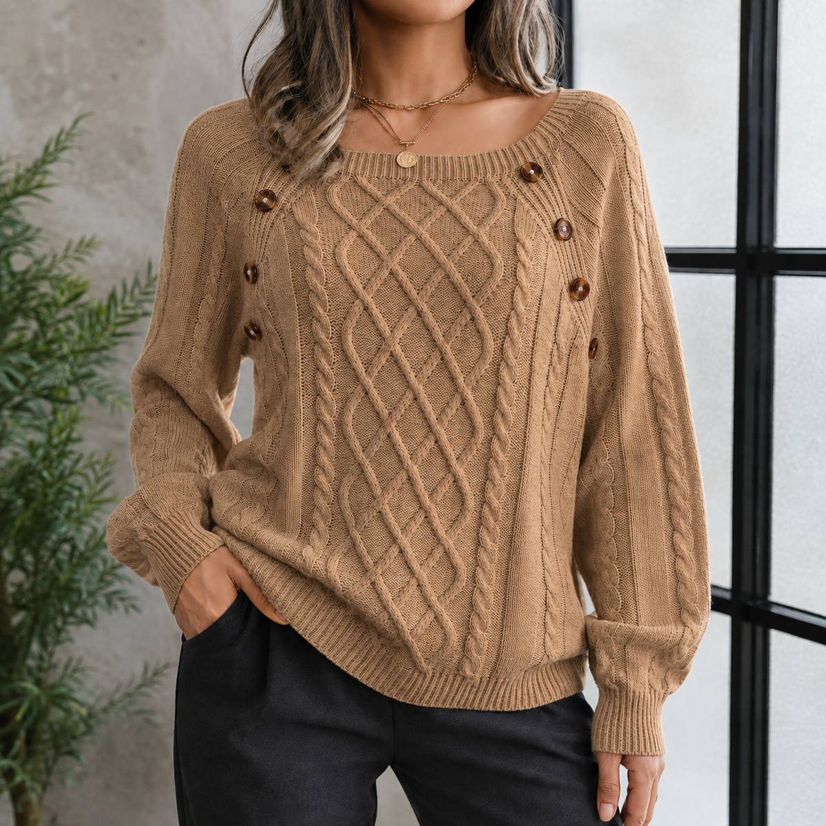 Knitted Women's Turtleneck Sweater with Cable Pattern and Shoulder Buttons, Warm Winter Sweater for Cold Days | Sansoti