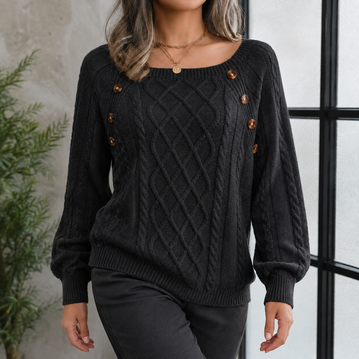 Knitted Women's Turtleneck Sweater with Cable Pattern and Shoulder Buttons, Warm Winter Sweater for Cold Days | Sansoti