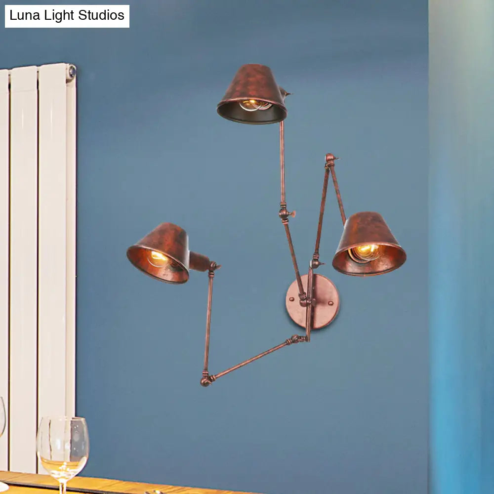 Applique industrielle avec bras réglable, métal brun rouille, 2 à 3 points lumineux, abat-jour conique, E26 E27, salon | Sansoti