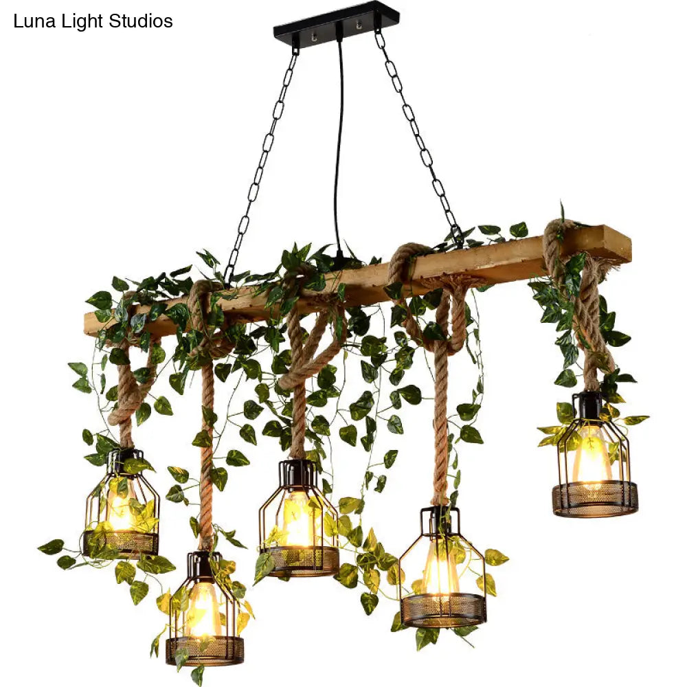 Suspension industrielle en bois beige à 5 lumières avec structure en cage pour salle à manger îlot de cuisine 109 cm plafonnier | Sansoti
