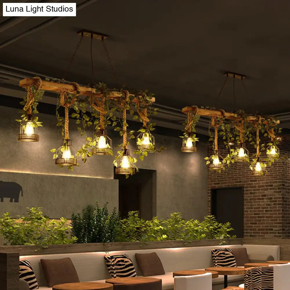 Suspension industrielle en bois beige à 5 lumières avec structure en cage pour salle à manger îlot de cuisine 109 cm plafonnier | Sansoti