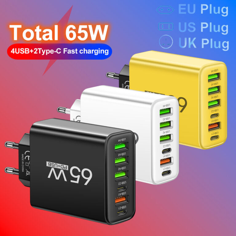 Universele USB Oplader 65W 6 Poorten Zwart Wit Geel Multidevice voor Kantoor Thuis Reis | Sansoti