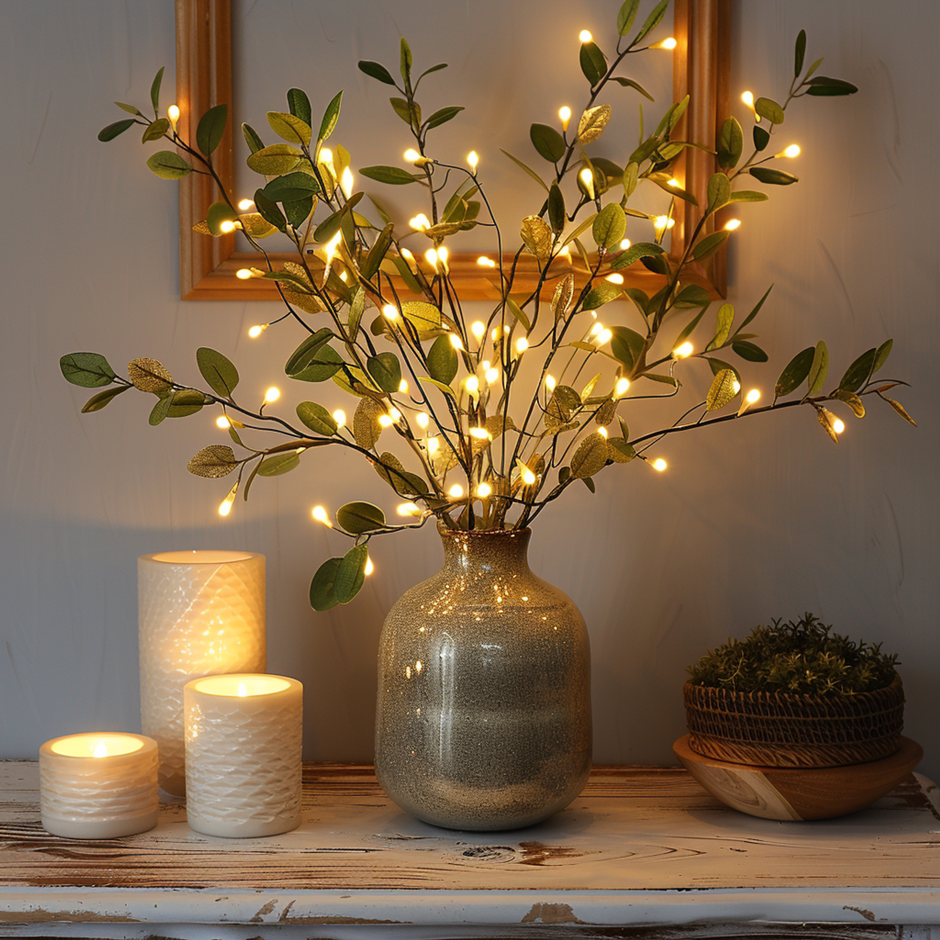 Lichtzweig Olivenzweig LED Warmweiß 70cm 120 Lämpchen Stimmungsbeleuchtung Dekorativer Zweig Lichterkette Wohnzimmer Schlafzimmer Batterie Weihnachten Natur