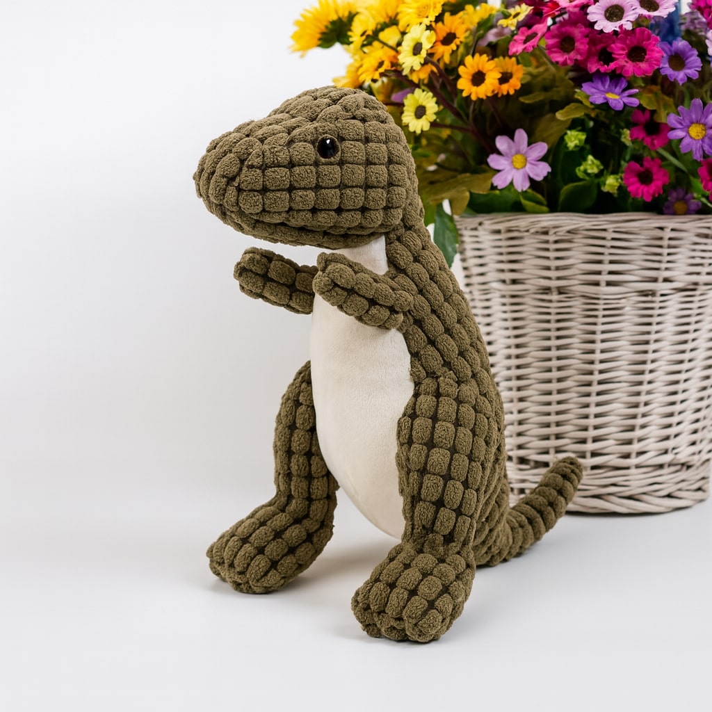 Pluche Hondenspeelgoed Dinosaurus – Stevig Interactief Kauwspeelgoed met Piep voor Kleine Honden – Oranje Bruin Groen | Sansoti