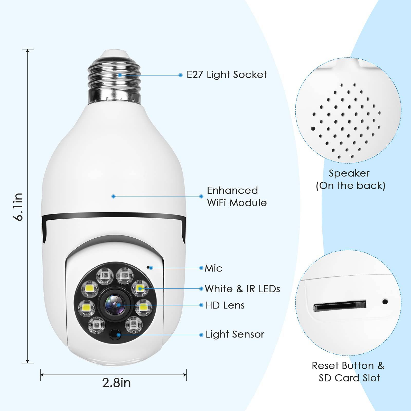 Beveiligingscamera Ledlamp met 360° Panorama Nachtzicht WiFi Bewaking Smart Home Draadloos Binnen Beveiliging | Sansoti