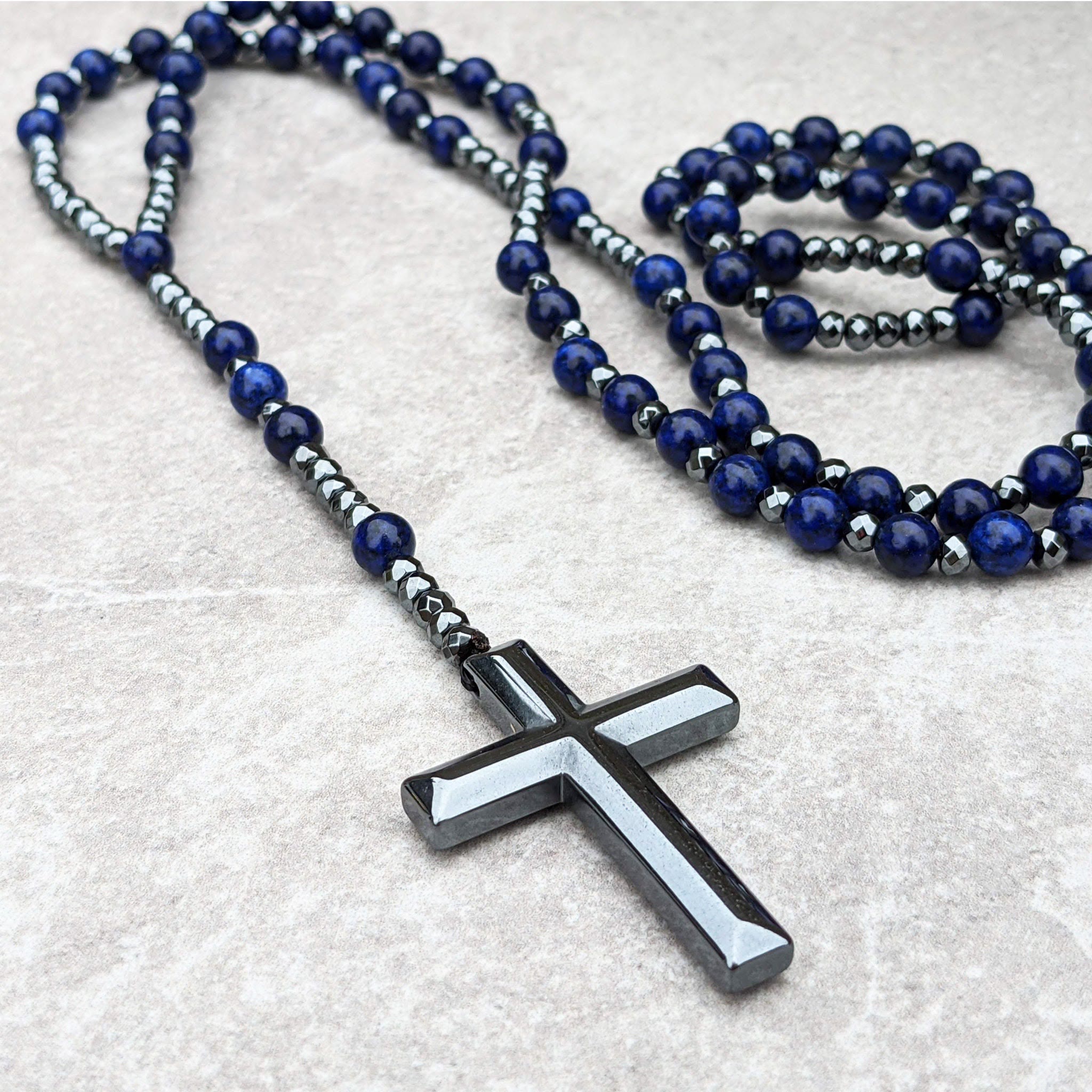Natuursteen Rozenkrans Ketting met Kruis Hanger voor Mannen Zwart Blauw Groen Grijs | Sansoti
