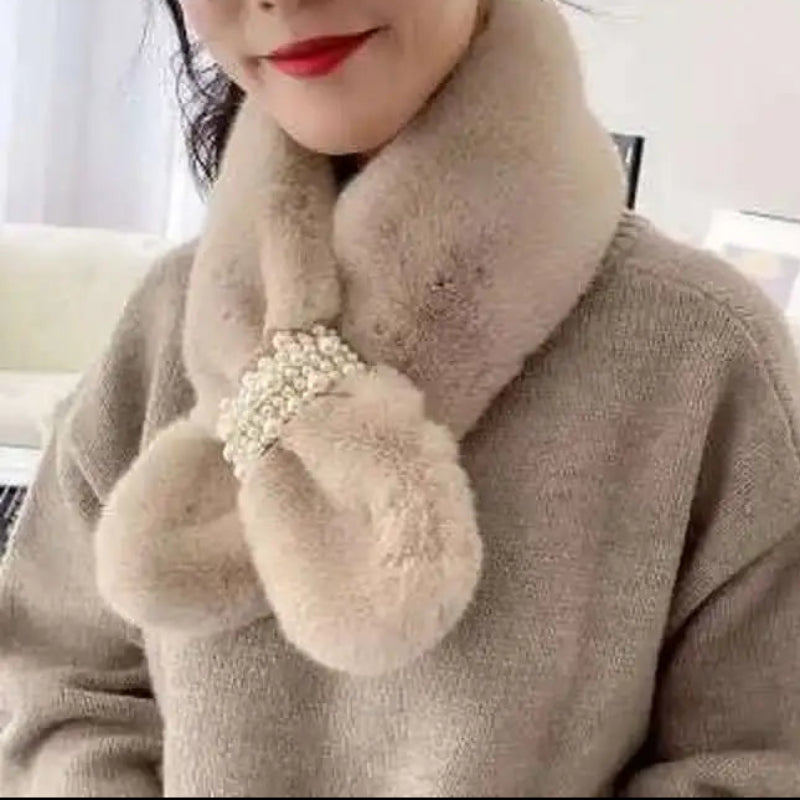 Winter Scarf Faux Fur Pearl Detail Women's Cross-Style Warm Neck Scarf Elegant Winter Fashion Accessory | Sansoti