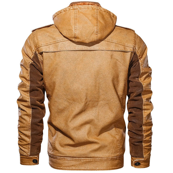 Leren Jack met Afneembare Capuchon Waterbestendig Krasbestendig Premium Kunstleer Heren Biker Winterjas | Sansoti