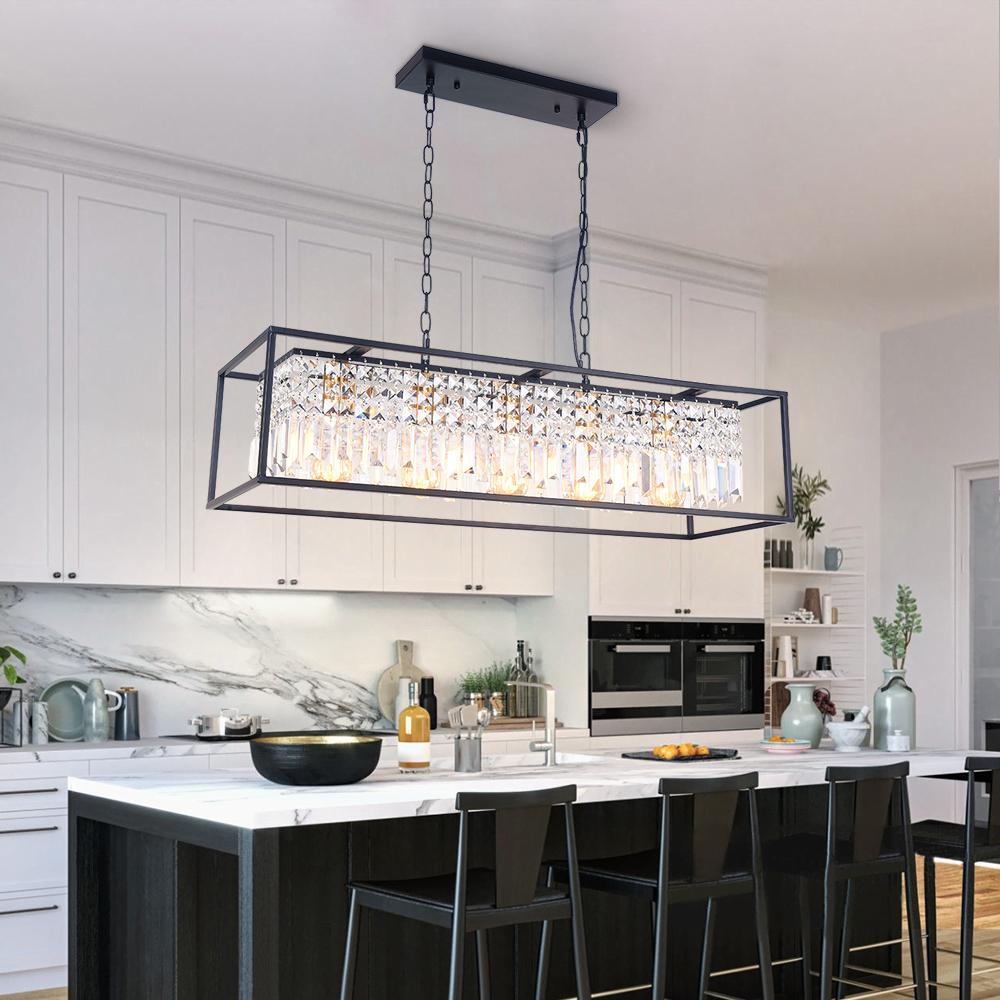 Suspension rectangulaire de luxe en cristal noir pour îlot de cuisine et table à manger avec 5 points lumineux | Restfield
