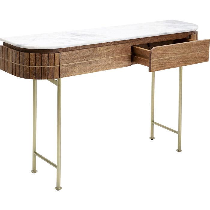 Console ovale en bois de luxe avec plateau en marbre et pieds dorés – meuble d'appoint design moderne avec tiroirs 100 cm | Restfield