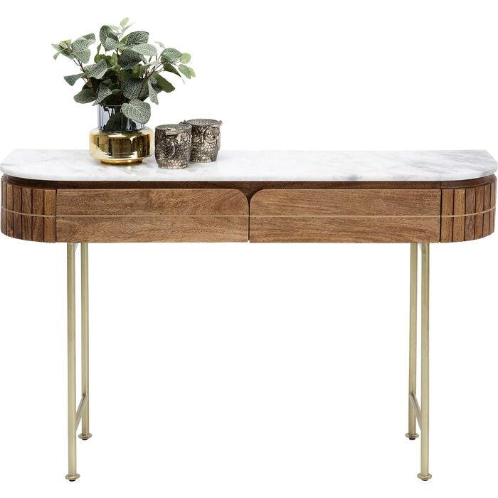 Console ovale en bois de luxe avec plateau en marbre et pieds dorés – meuble d'appoint design moderne avec tiroirs 100 cm | Restfield