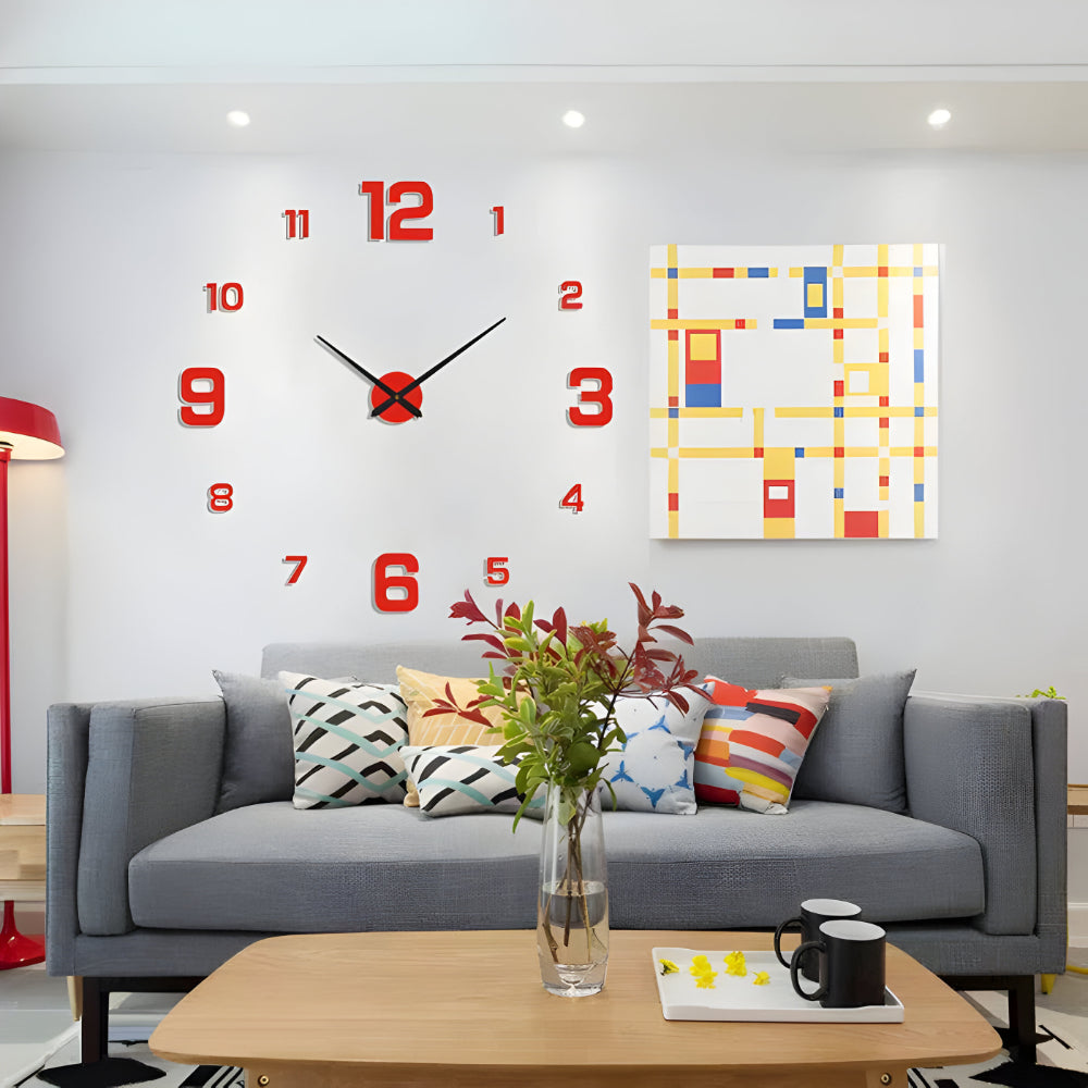3D Wandklok met Grote Cijfers Zelfklevend Modern Design Geruisloos Zwart Zilver Goud Rood Glow-in-the-Dark voor Woonkamer Slaapkamer Kantoor | Sansoti