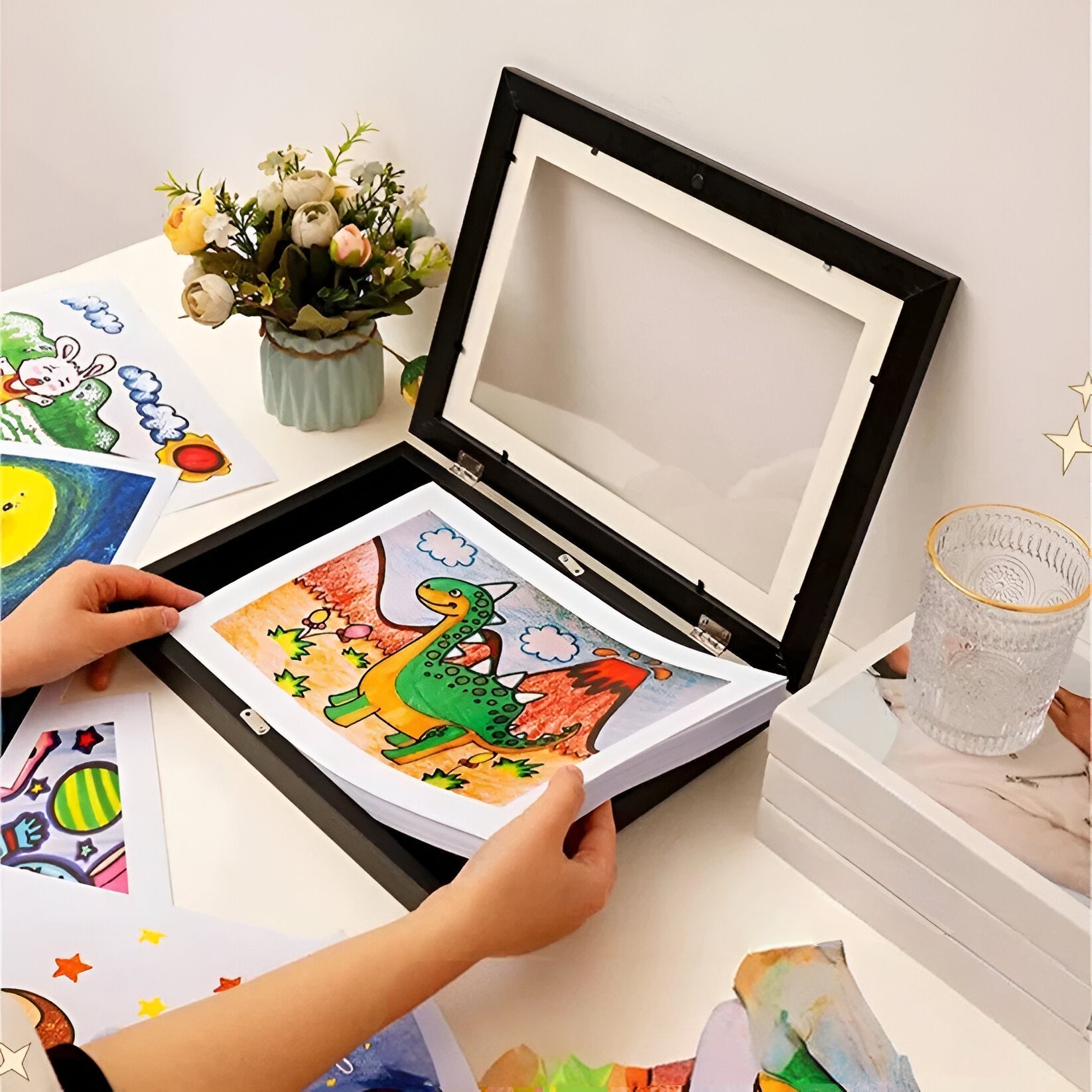 Kinderkunst Wissellijst A4 A3 met Opbergcapaciteit 150 Tekeningen Hout Klap Fotolijst voor Kinderkamer Woonkamer | Sansoti