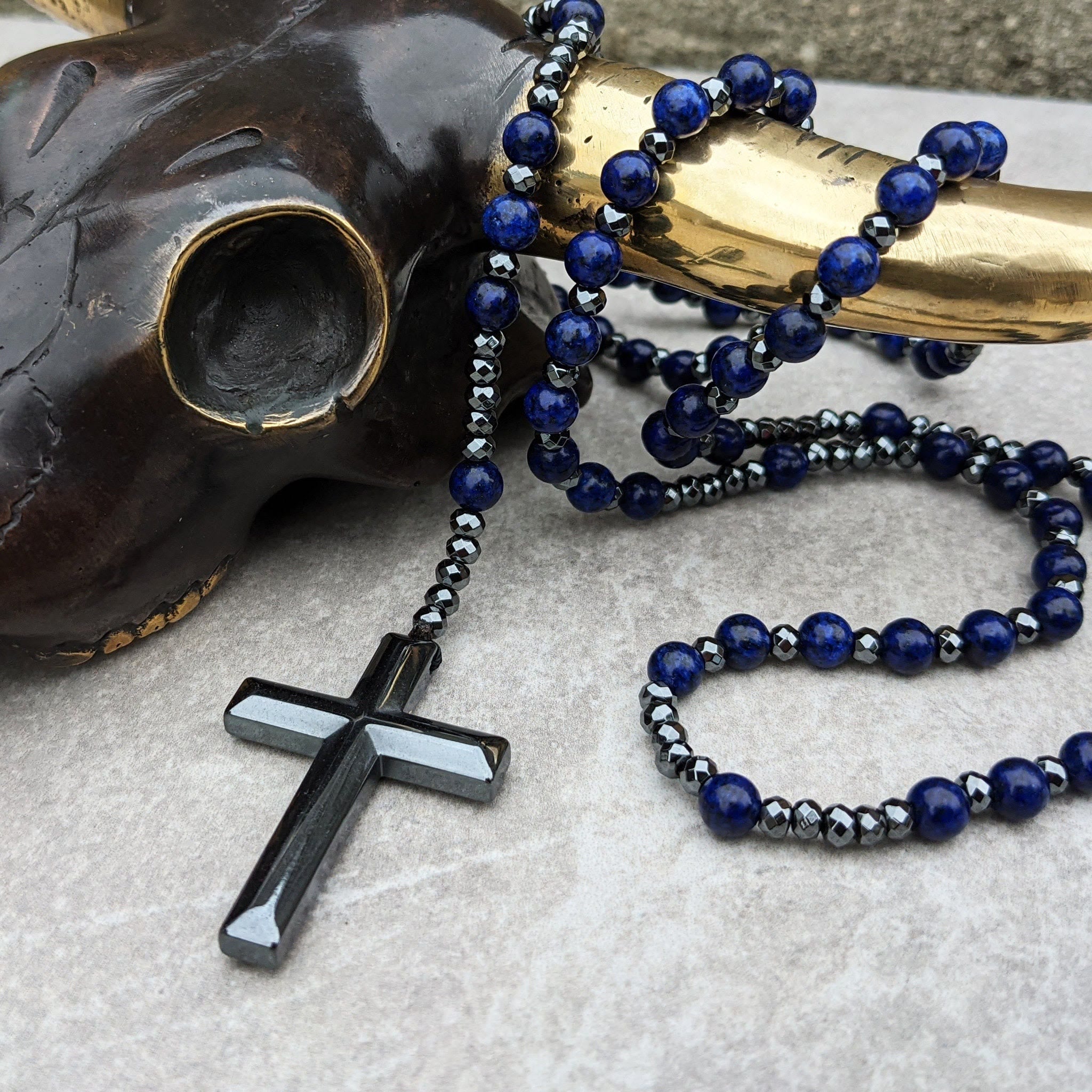 Natuursteen Rozenkrans Ketting met Kruis Hanger voor Mannen Zwart Blauw Groen Grijs | Sansoti