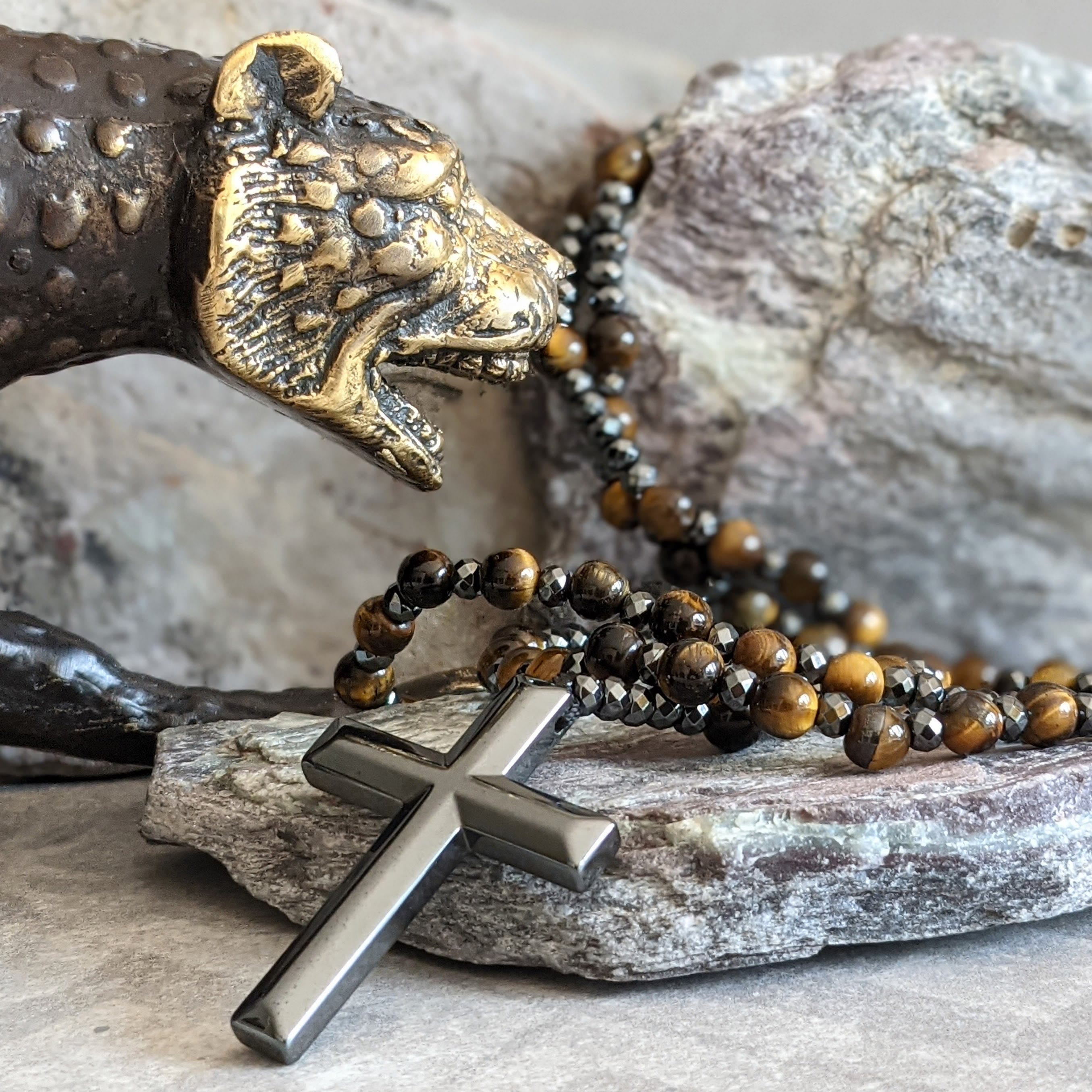 Natuursteen Rozenkrans Ketting met Kruis Hanger voor Mannen Zwart Blauw Groen Grijs | Sansoti