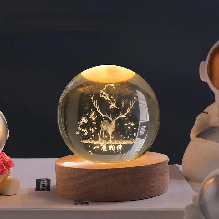 3D Gravure Verlichte Glazen Bol met Houten Voet | Cosmos Sterrenstelsel LED Nachtlampje USB Decoratieve Bol | Sansoti
