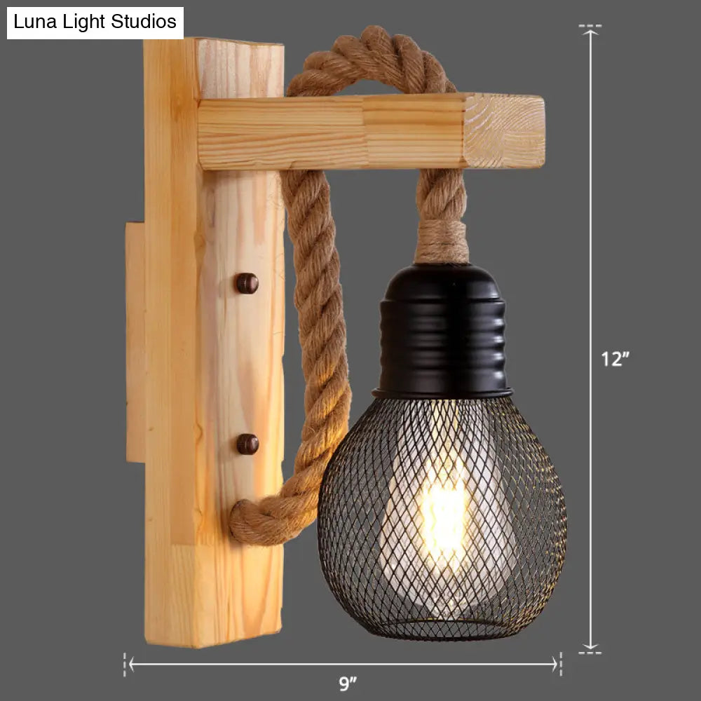 Houten Wandlamp met Touwarm en Glazen Lantaarn – Scandinavische Sfeer voor Slaapkamer en Hal | Sansoti