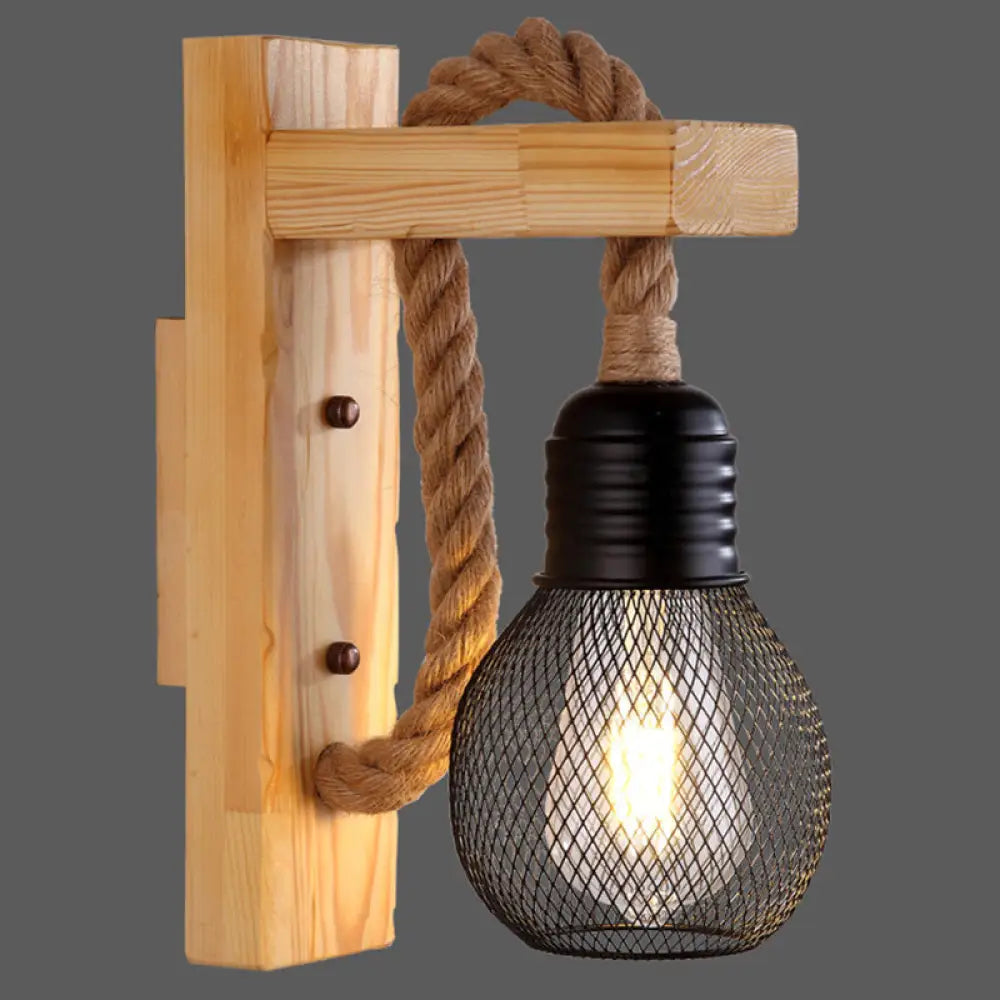 Houten Wandlamp met Touwarm en Glazen Lantaarn – Scandinavische Sfeer voor Slaapkamer en Hal | Sansoti