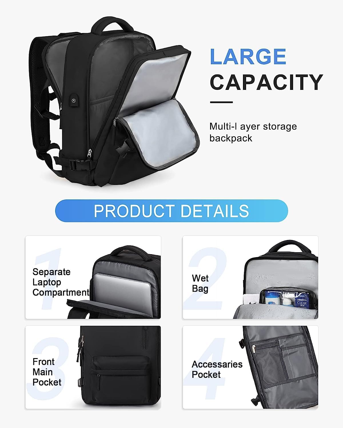 Waterbestendige Reistas 40L met Schoenenvak en USB-Poort – Geschikt voor Laptops tot 35,56 cm | Sansoti