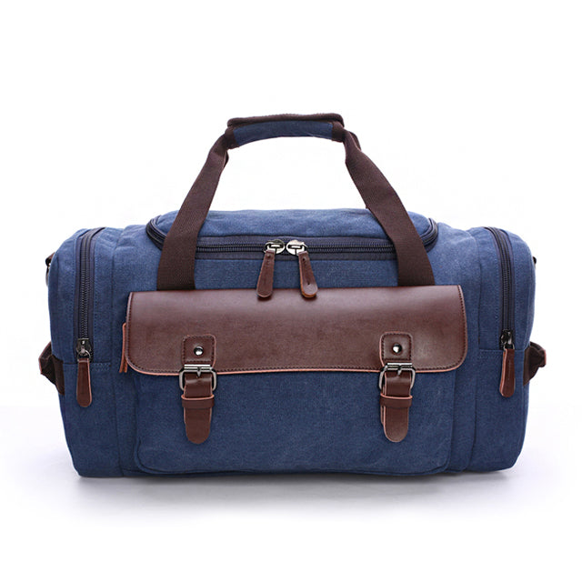 Geräumige Reisetasche aus Leder und Canvas - Wasserdicht - Blau - Langlebig für Arbeit und Wochenendausflüge - Stilvoll | Sansoti