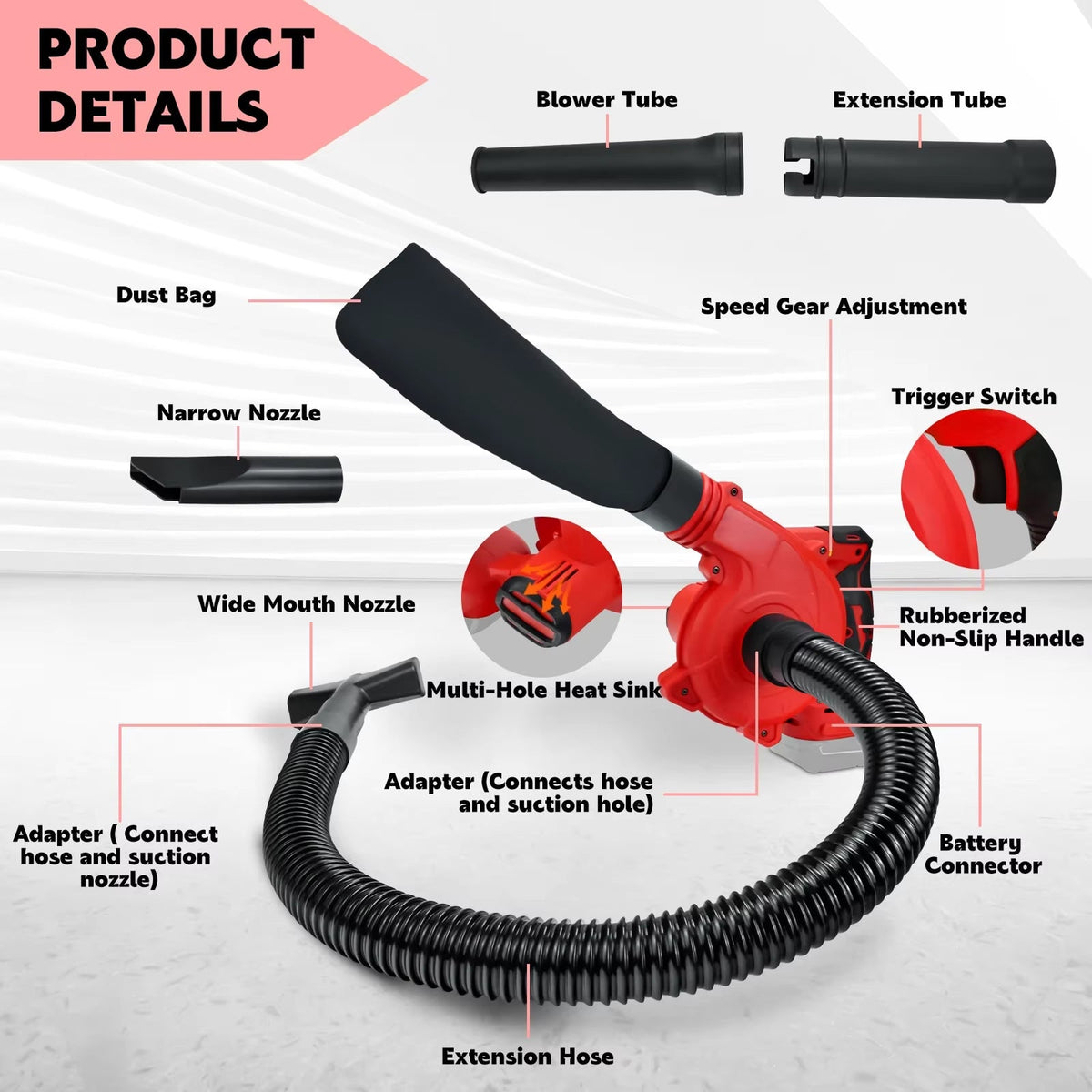 Cordless Leaf Blower Brushless Motor 18V Garden Cleanup Vacuum 2-in-1 Leaf Blower Garden Tool | Sansoti