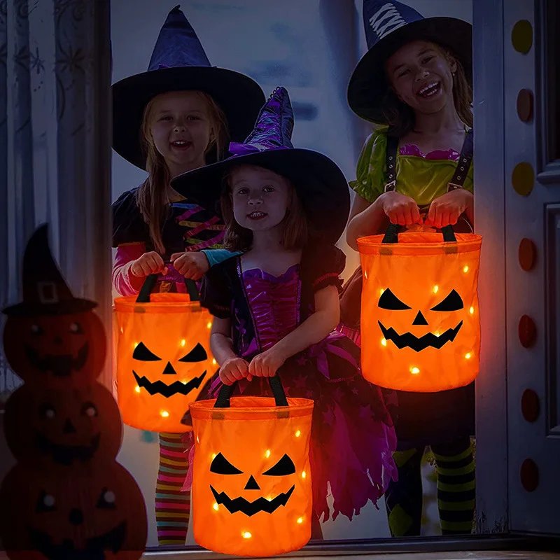 Podświetlana dyniowa torba na słodycze z oświetleniem LED na Halloween, przyjęcie dla dzieci, Trick or Treat, dekoracyjny woreczek | Sansoti