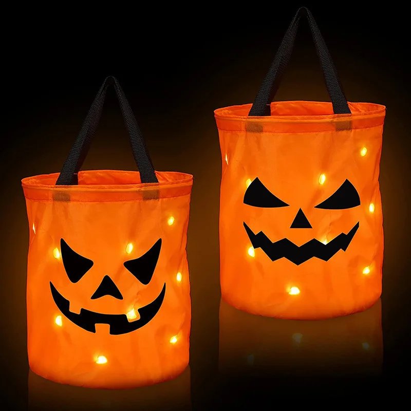 Podświetlana dyniowa torba na słodycze z oświetleniem LED na Halloween, przyjęcie dla dzieci, Trick or Treat, dekoracyjny woreczek | Sansoti