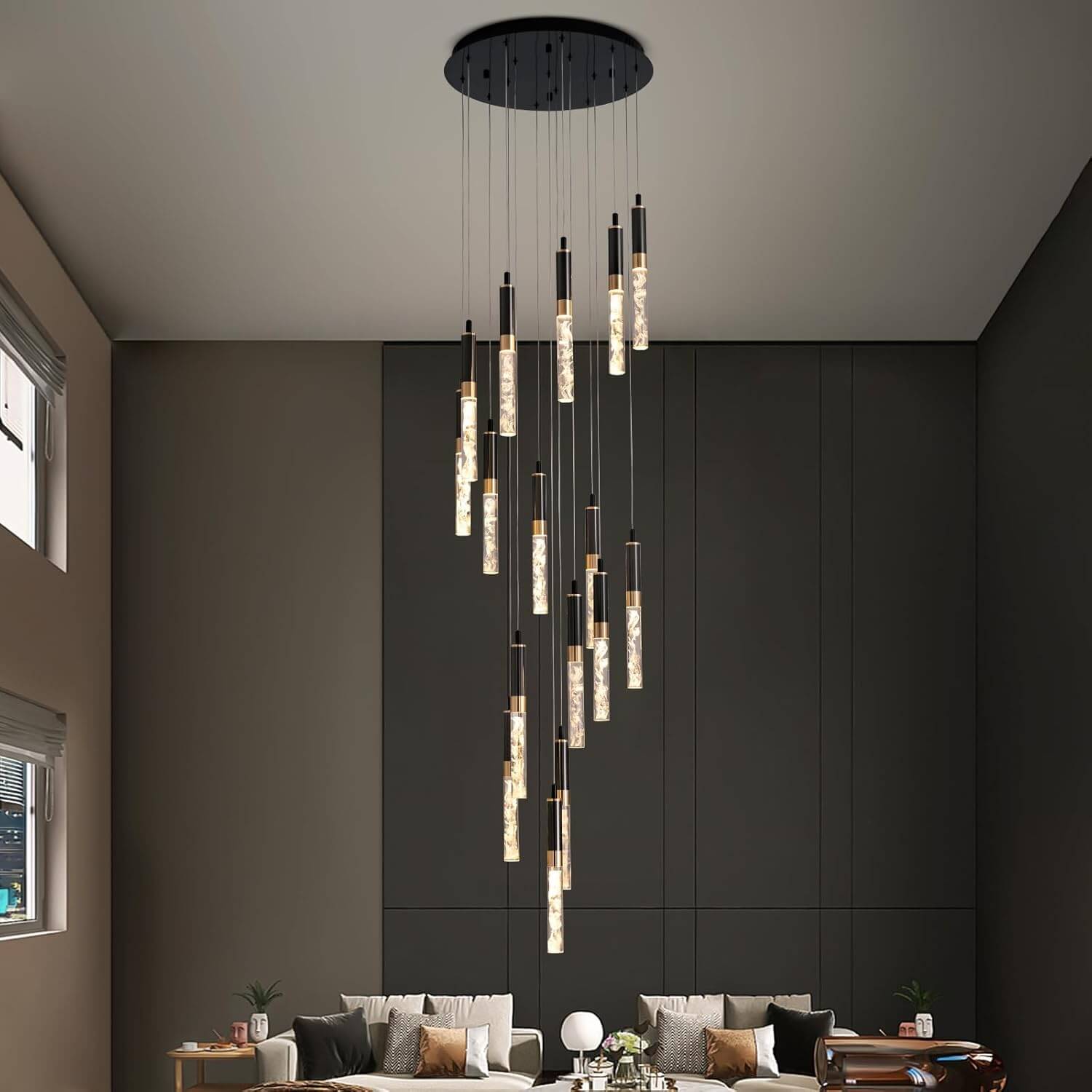 Lustre en cristal Escalier Noir Cristal K9 300cm LED Moderne Plafond Haut