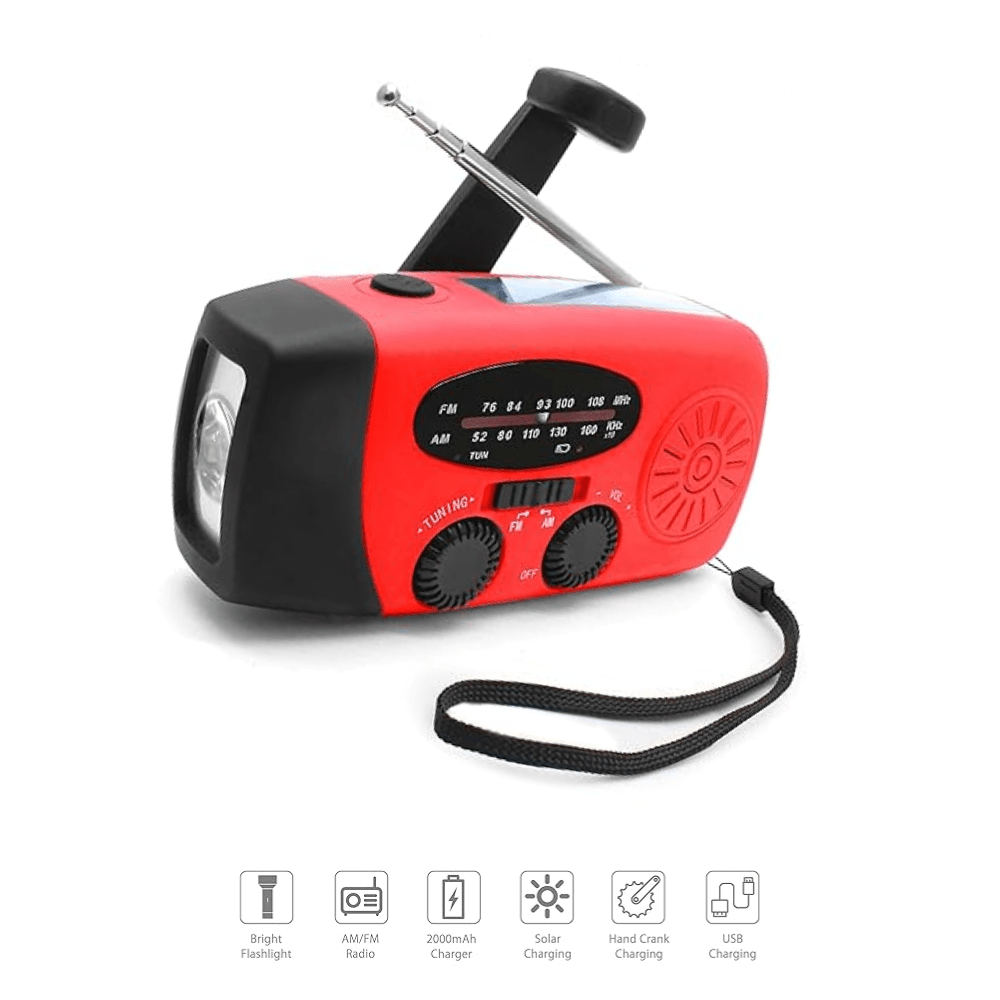 Radio d'urgence avec lampe de poche et chargeur | Dynamo manuelle, solaire & USB