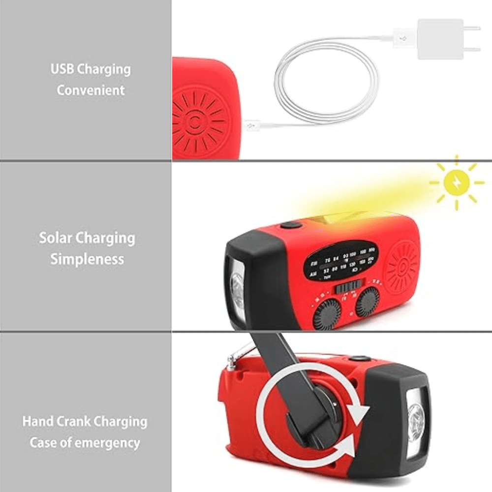 Radio d'urgence avec lampe de poche et chargeur | Dynamo manuelle, solaire & USB