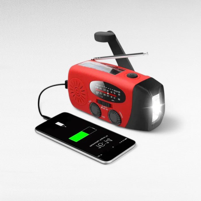 Radio d'urgence avec lampe de poche et chargeur | Dynamo manuelle, solaire & USB