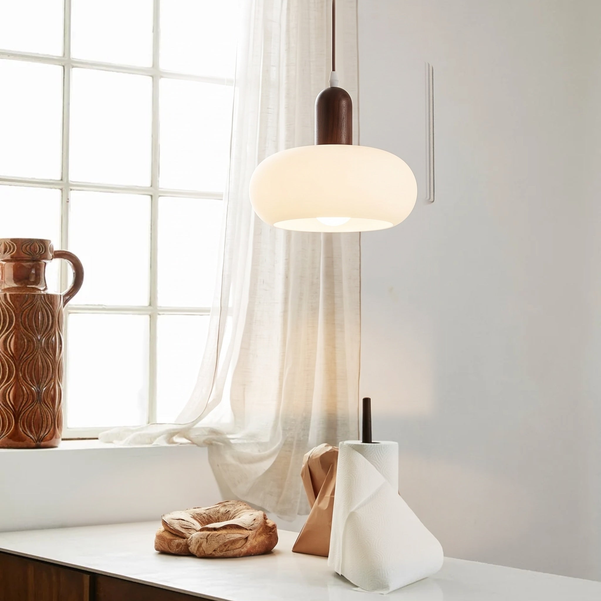 Suspension crème en bois et verre, design scandinave E27, réglable, pour salle à manger, bar, intérieur moderne, salon | Sansoti