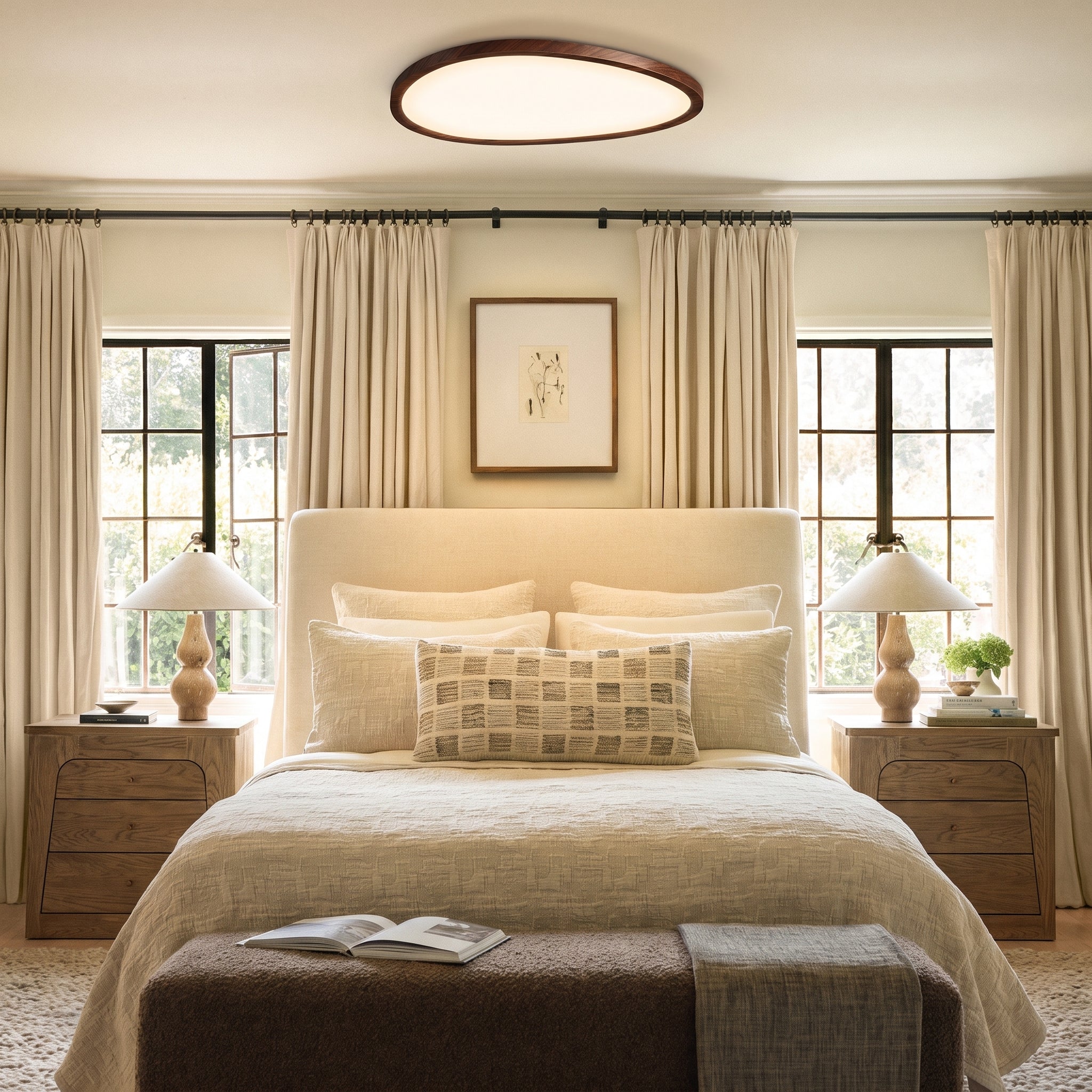 Plafonnier LED en bois foncé, design ultra-plat, lumière blanc chaud, salon, entrée, chambre, style scandinave moderne | Sansoti