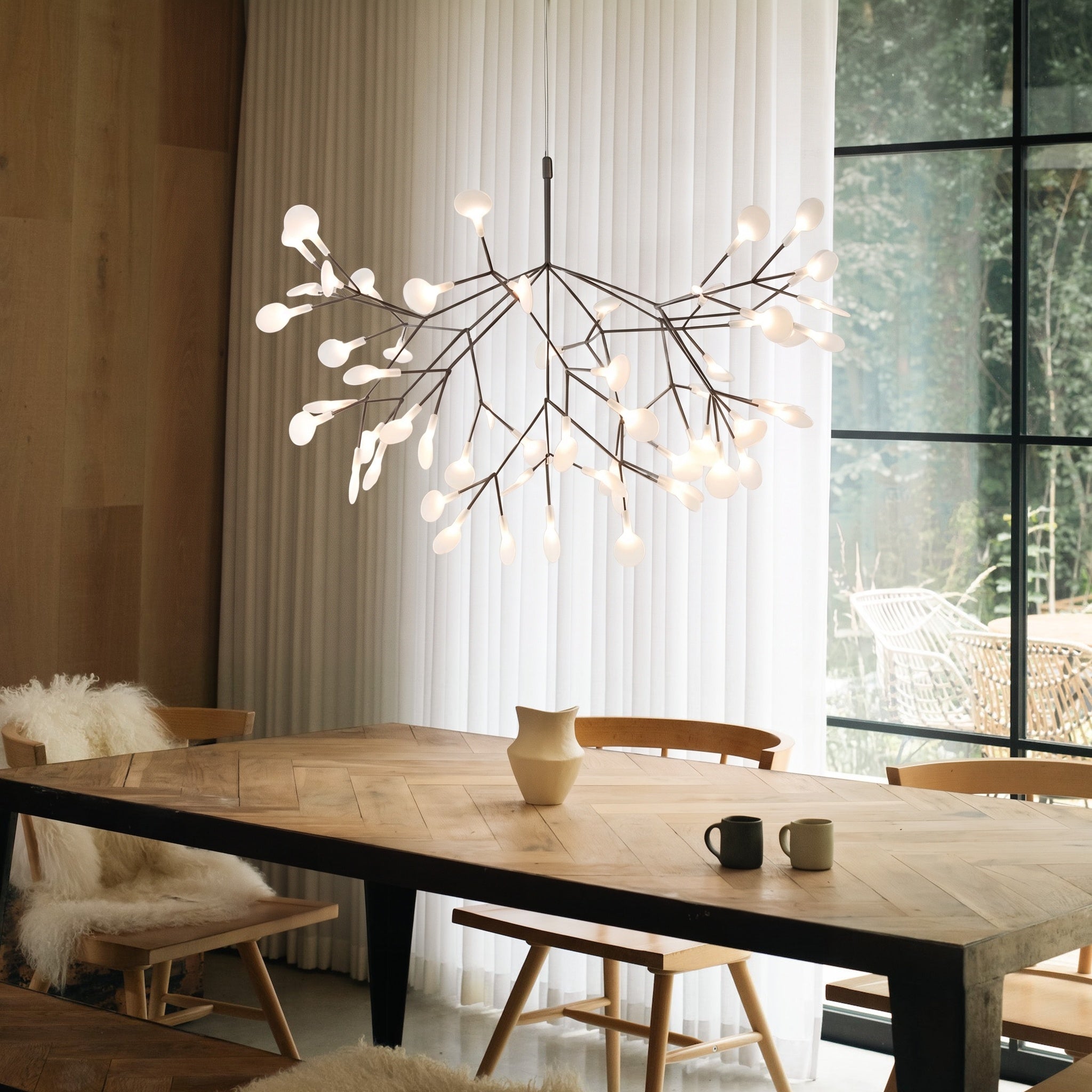 Suspension en acrylique ramifiée avec petites sphères lumineuses flottantes, blanc chaud, neutre ou froid, design moderne scandinave | Sansoti