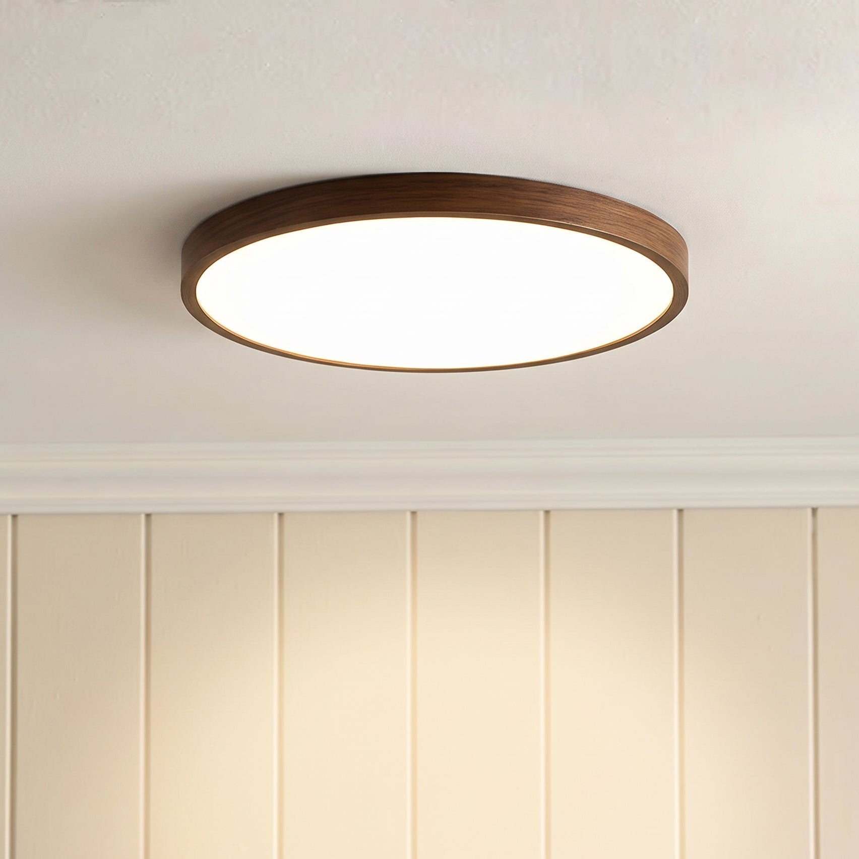 Plafonnier rond en bois foncé, LED 4500K, style scandinave, salle à manger, salon, hall, éclairage minimaliste | Sansoti