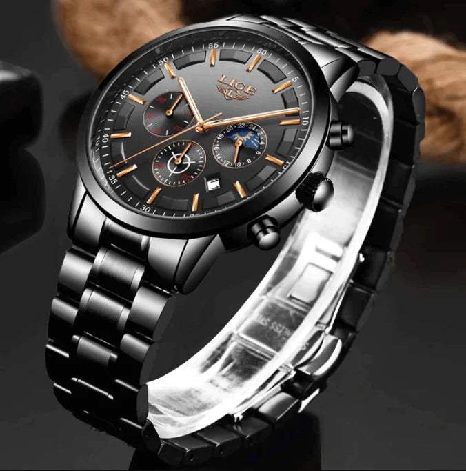 Steel Men's Watch Black – Elegant Design with Date & Day/Night – Waterproof 30M | Sansoti