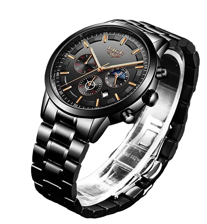 Steel Men's Watch Black – Elegant Design with Date & Day/Night – Waterproof 30M | Sansoti