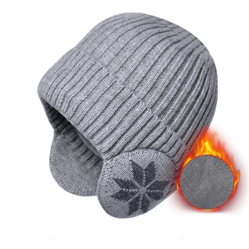 Gestrickte Wintermütze mit Ohrenklappen Unisex Warme Beanie Weiches Futter Schneeflockenmuster Wintersport | Sansoti