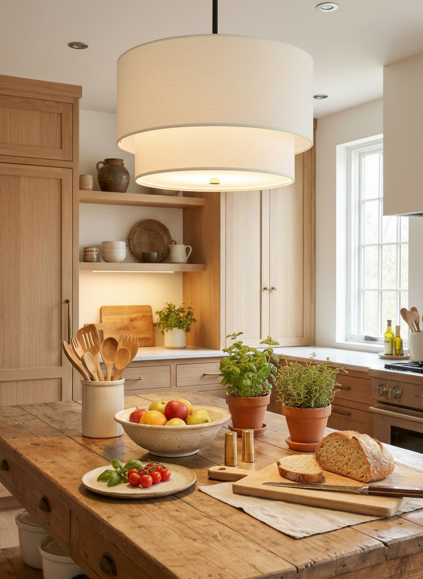 Dubbele Stoffen Drum Hanglamp – Moderne Gelaagde Kap Plafondlamp voor Eetkamer Woonkamer | Sansoti