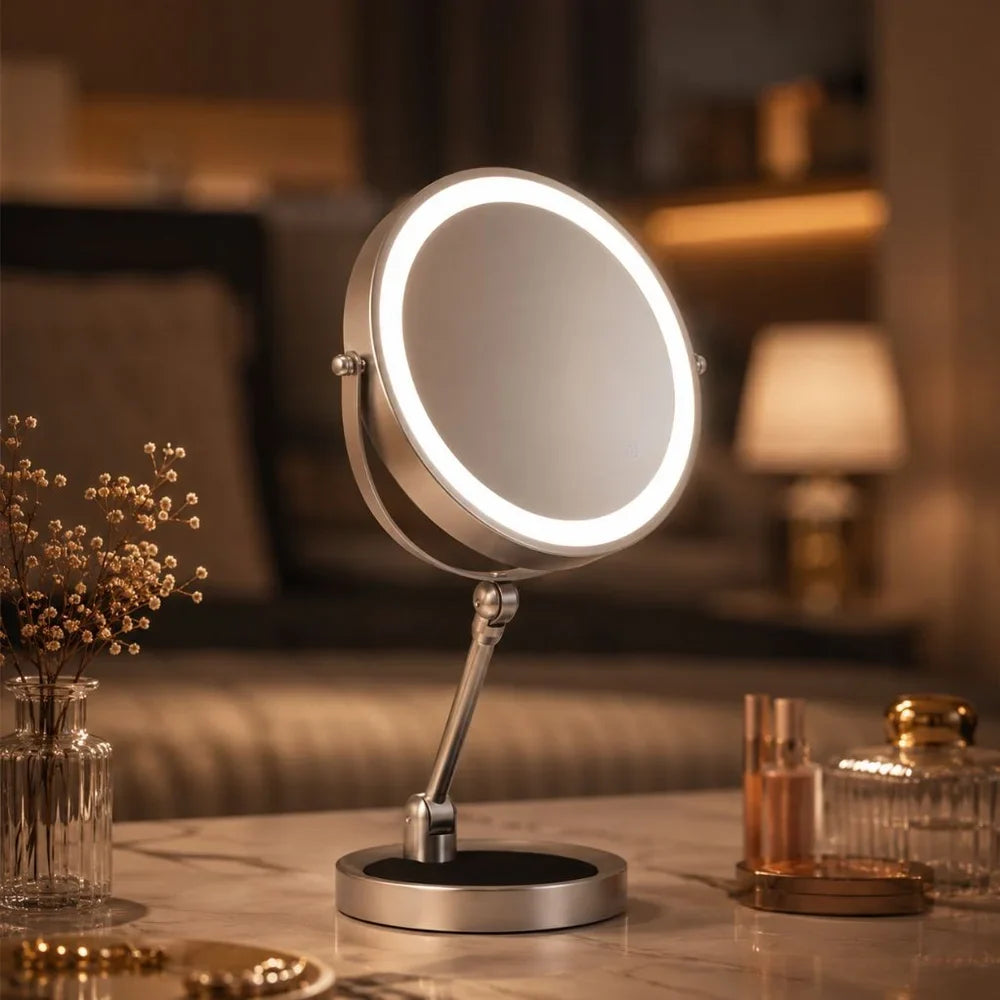 Verlichte Make-up Spiegel 10x Vergroting Dubbelzijdig LED Aanraakbediening Oplaadbaar Draaibaar voor Badkamer | Sansoti