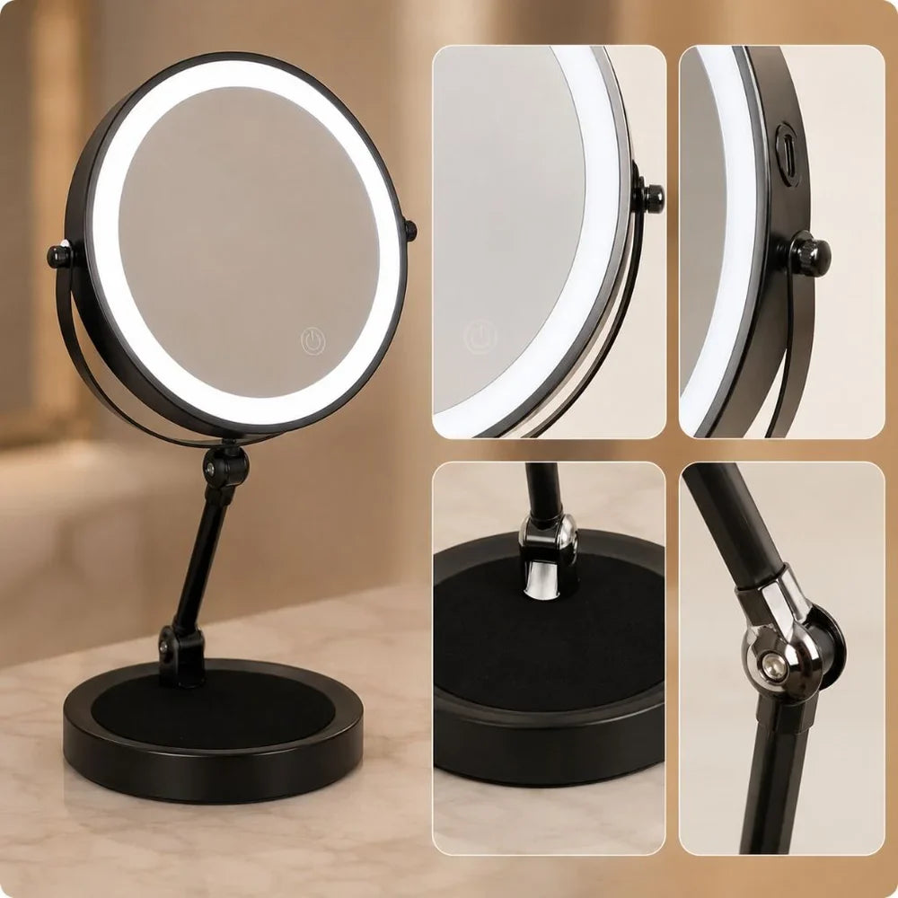 Verlichte Make-up Spiegel 10x Vergroting Dubbelzijdig LED Aanraakbediening Oplaadbaar Draaibaar voor Badkamer | Sansoti