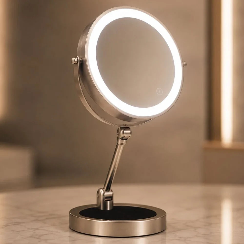 Verlichte Make-up Spiegel 10x Vergroting Dubbelzijdig LED Aanraakbediening Oplaadbaar Draaibaar voor Badkamer | Sansoti