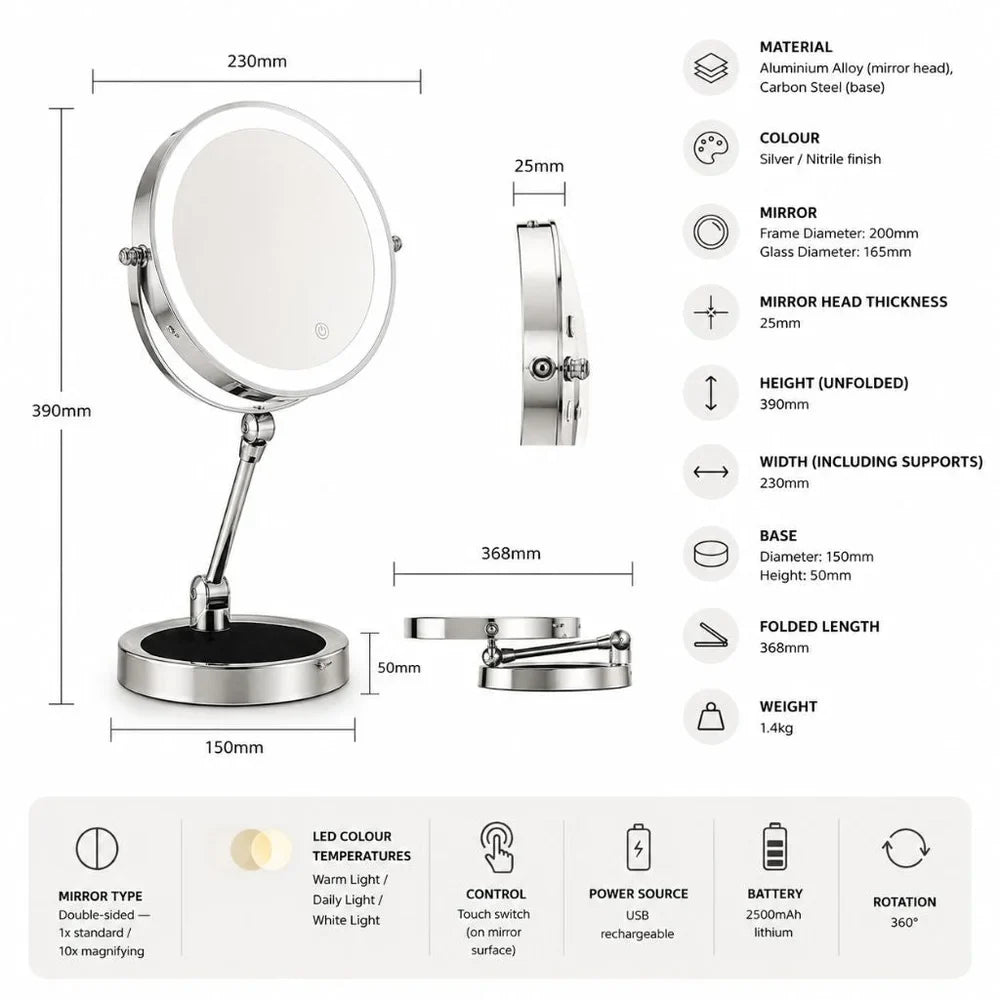 Verlichte Make-up Spiegel 10x Vergroting Dubbelzijdig LED Aanraakbediening Oplaadbaar Draaibaar voor Badkamer | Sansoti