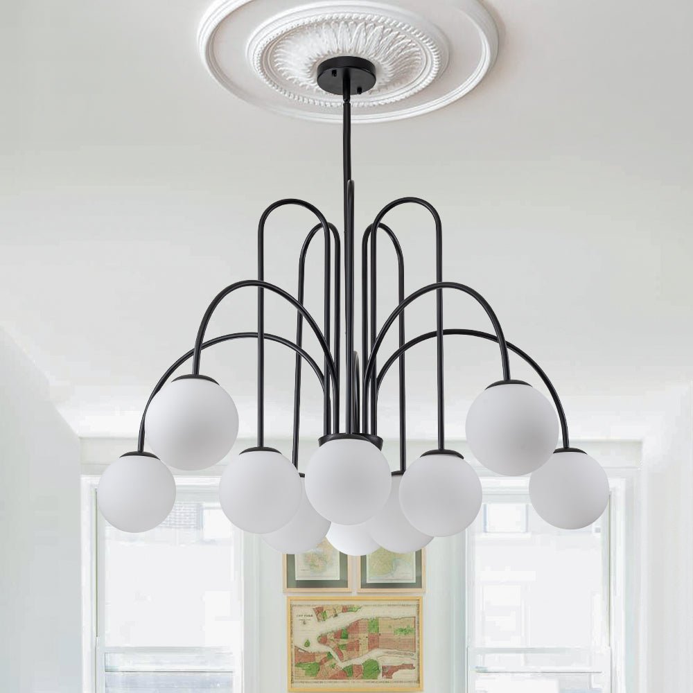 Glazen Bollen Hanglamp 10 Lichts Zwart Messing 98cm Opaal Frosted E26 Woonkamer Eetkamer Slaapkamer Entree Sputnik Chandelier Dimbaar | Sansoti