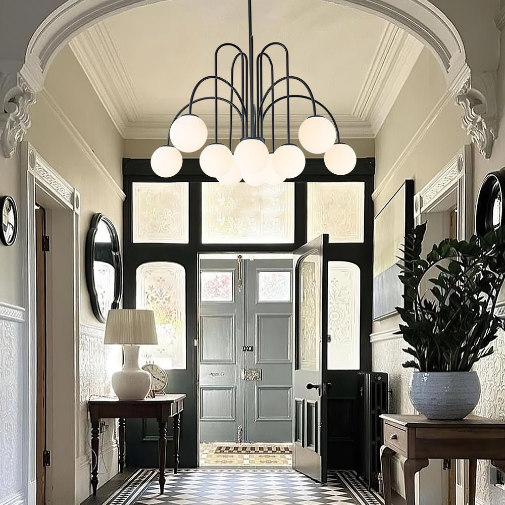 Glazen Bollen Hanglamp 10 Lichts Zwart Messing 98cm Opaal Frosted E26 Woonkamer Eetkamer Slaapkamer Entree Sputnik Chandelier Dimbaar | Sansoti