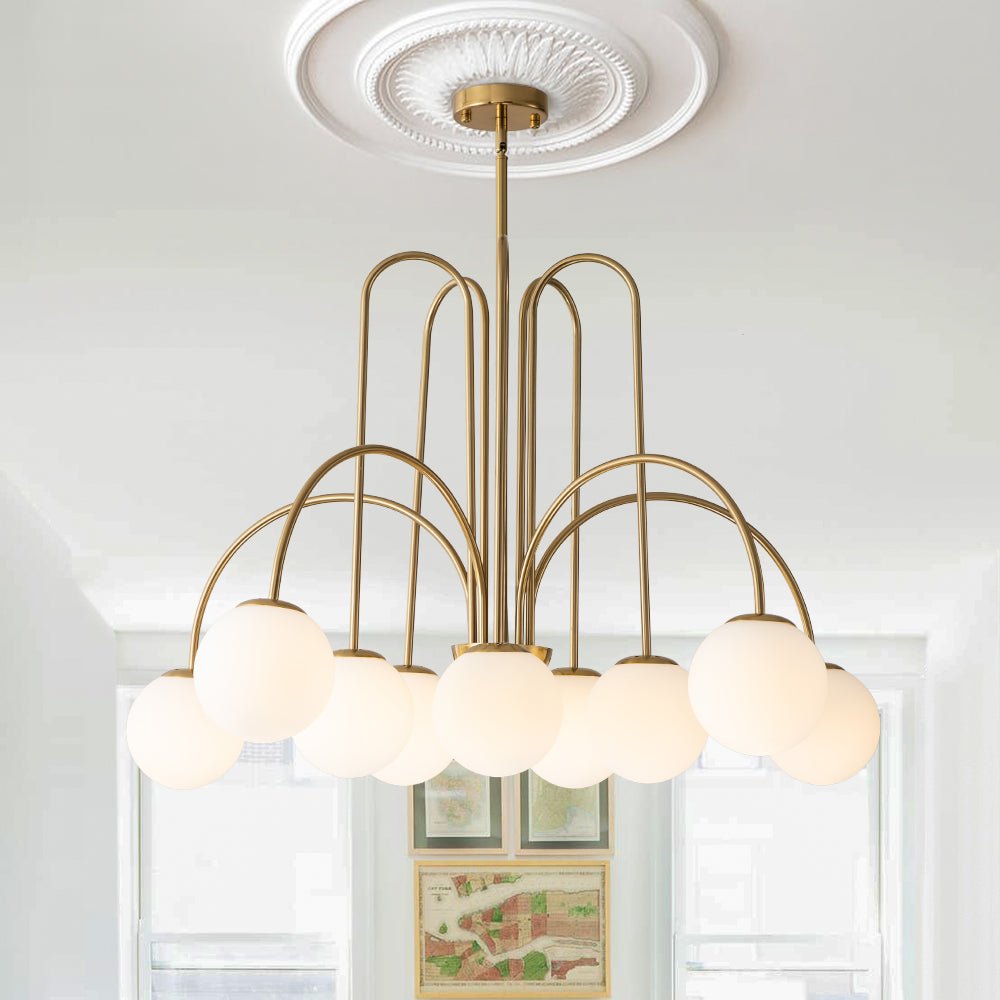 Glazen Bollen Hanglamp 10 Lichts Zwart Messing 98cm Opaal Frosted E26 Woonkamer Eetkamer Slaapkamer Entree Sputnik Chandelier Dimbaar | Sansoti