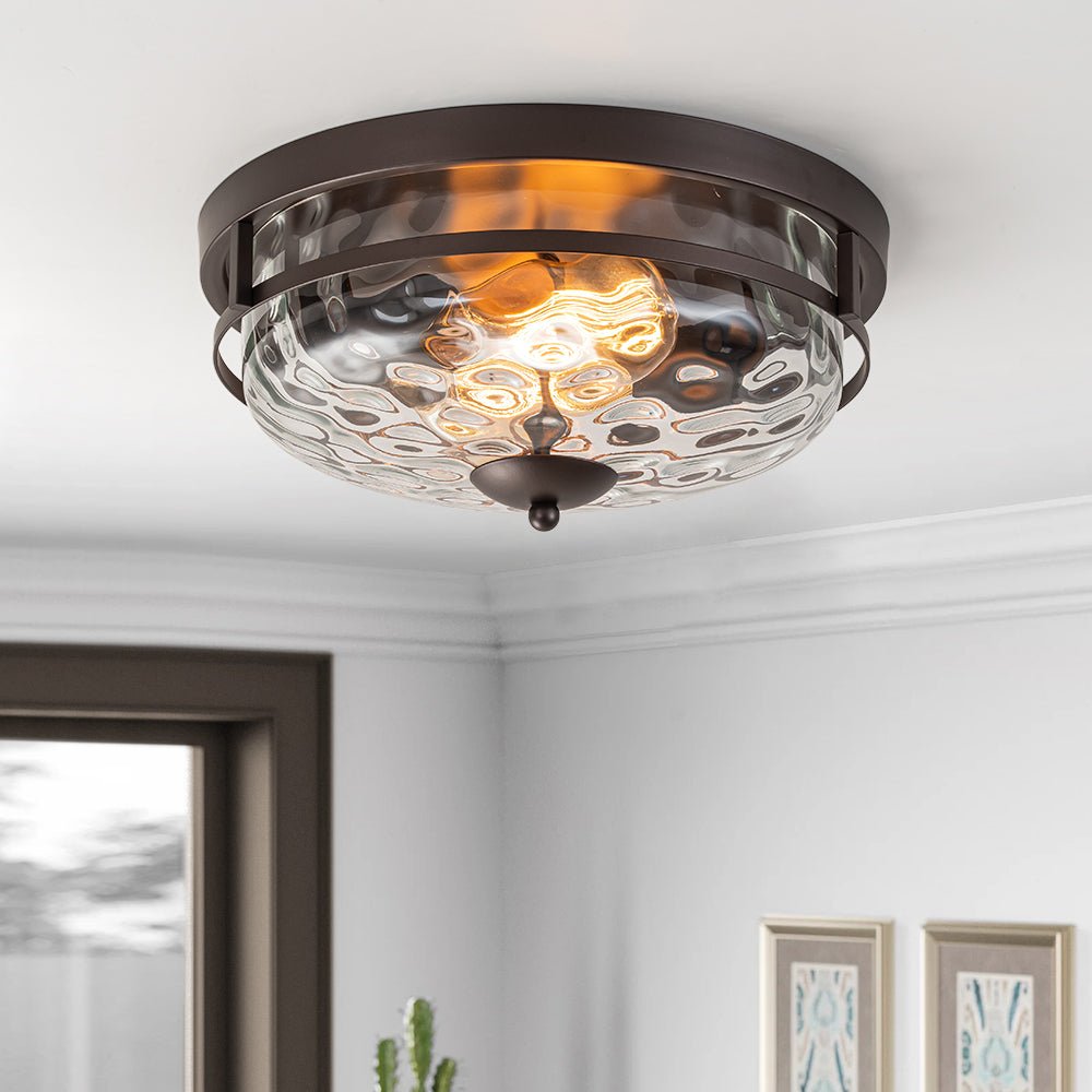Glas-Deckenleuchte Rund Schwarz Gold Hammerschlagglas 33cm Wohnzimmer Schlafzimmer Aufbaustrahler Landhaus Eingang Esszimmer Badezimmer | Restfield