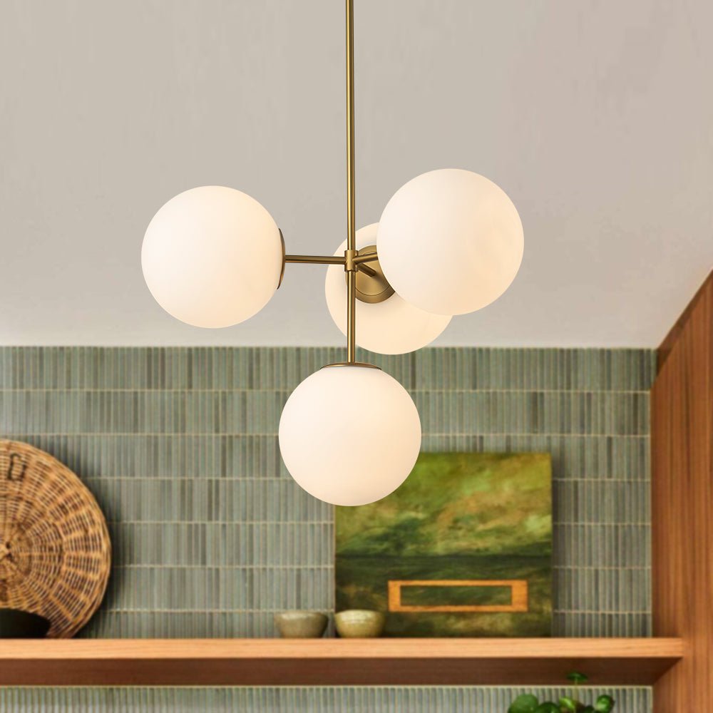 Sputnik Plafondlamp 4 Lichts Messing Zwart Melkglas 62cm E26 Woonkamer Eetkamer Slaapkamer Entree Mid-Century Bubble Pendel Dimbaar | Sansoti