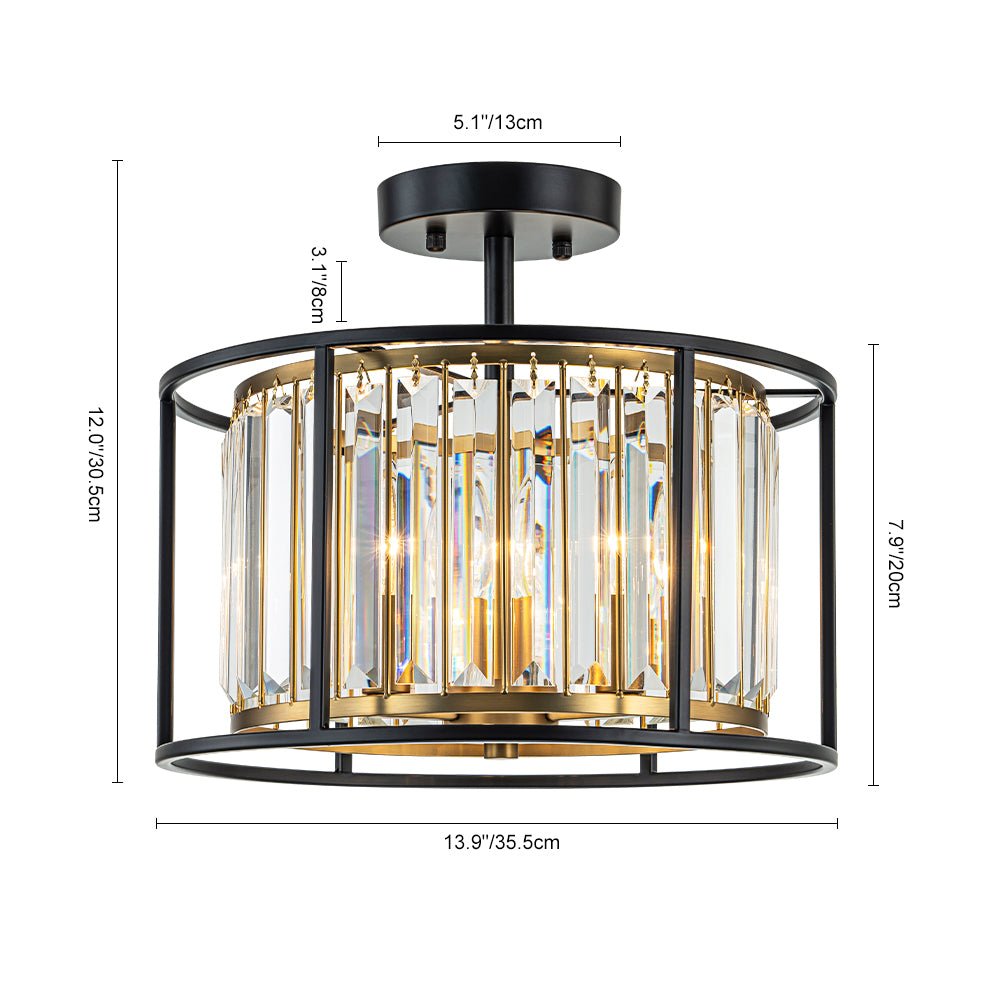 Plafonnier semi-encastré Cristal Noir Laiton Lustre à trois lumières Hall Salle à manger Chambre Éclairage d’ambiance luxueux | Sansoti